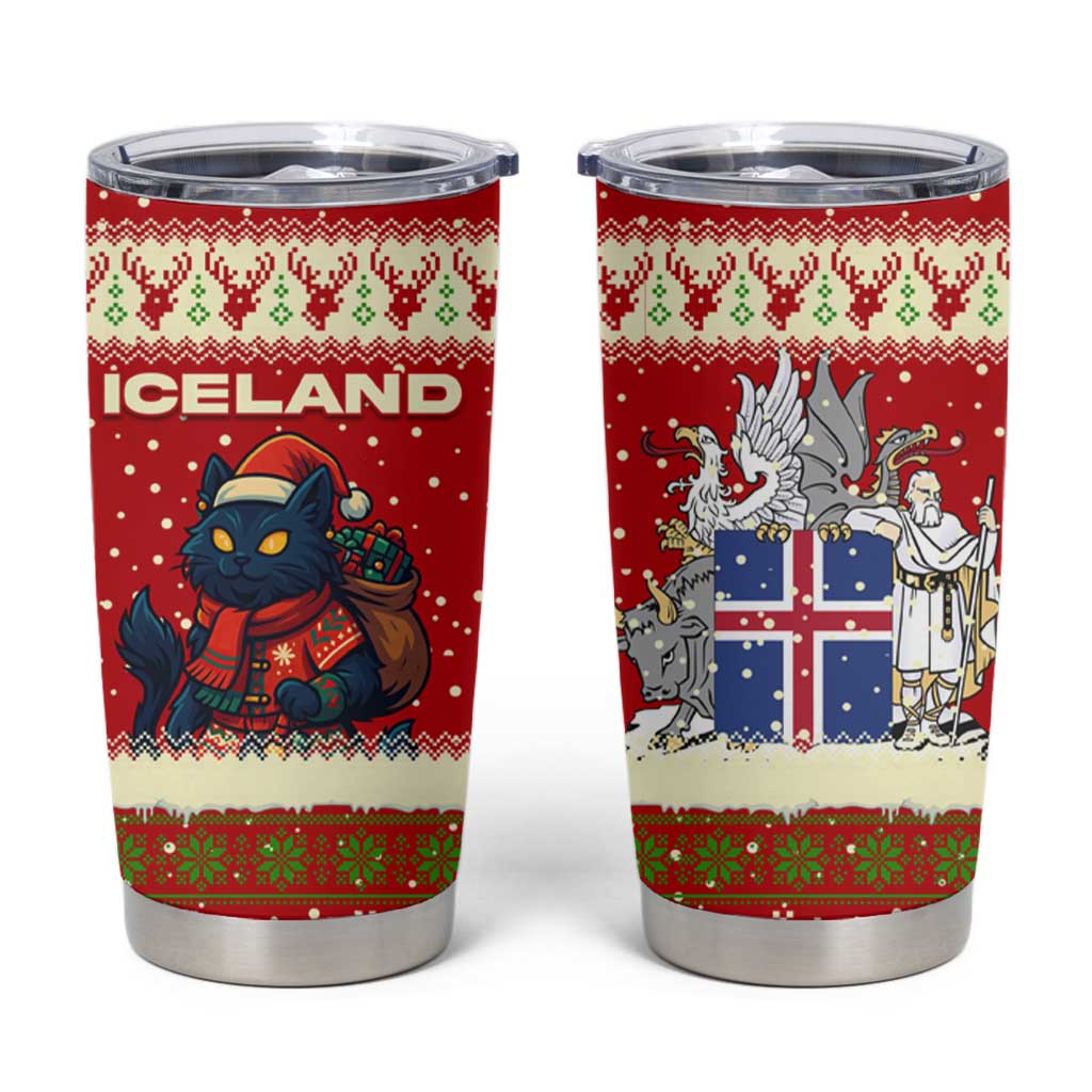 Iceland Christmas Tumbler Cup with Red Snowflake Pattern Yule Cat and National Coat of Arms Motif - Wonder Print Shop