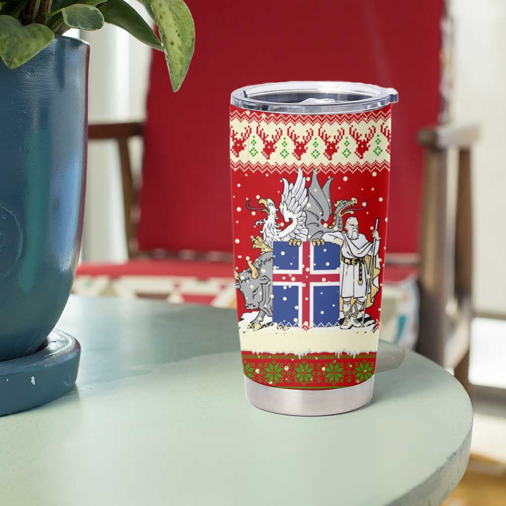 Iceland Christmas Tumbler Cup with Red Snowflake Pattern Yule Cat and National Coat of Arms Motif - Wonder Print Shop