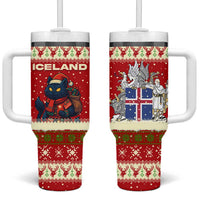 Iceland Christmas Tumbler With Handle with Red Snowflake Pattern Yule Cat and National Coat of Arms Motif - Wonder Print Shop