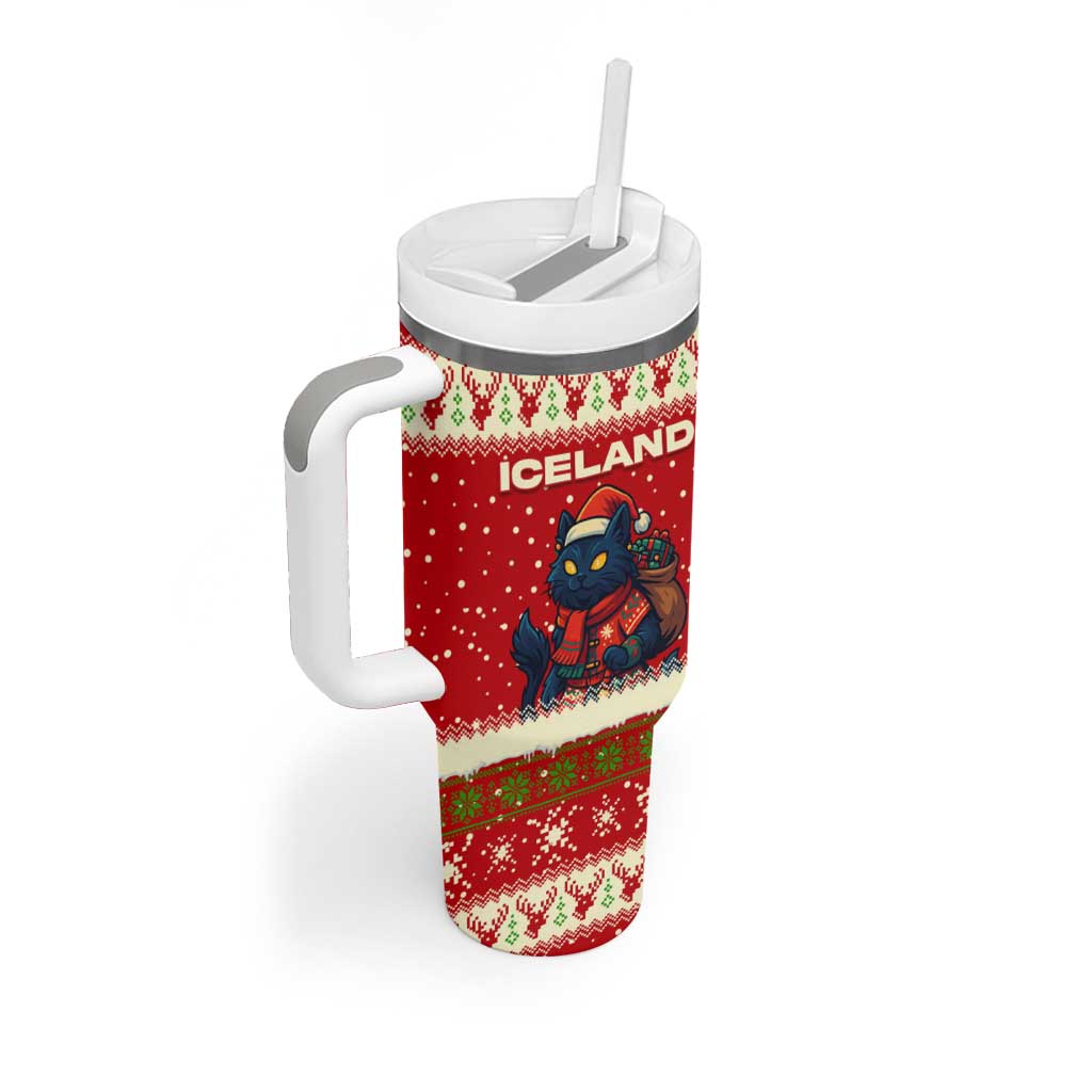 Iceland Christmas Tumbler With Handle with Red Snowflake Pattern Yule Cat and National Coat of Arms Motif - Wonder Print Shop