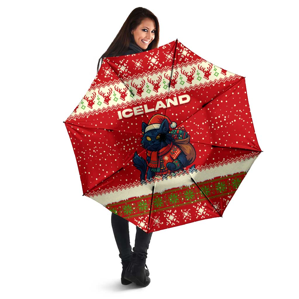 Iceland Christmas Umbrella with Red Snowflake Pattern Yule Cat and National Coat of Arms Motif - Wonder Print Shop