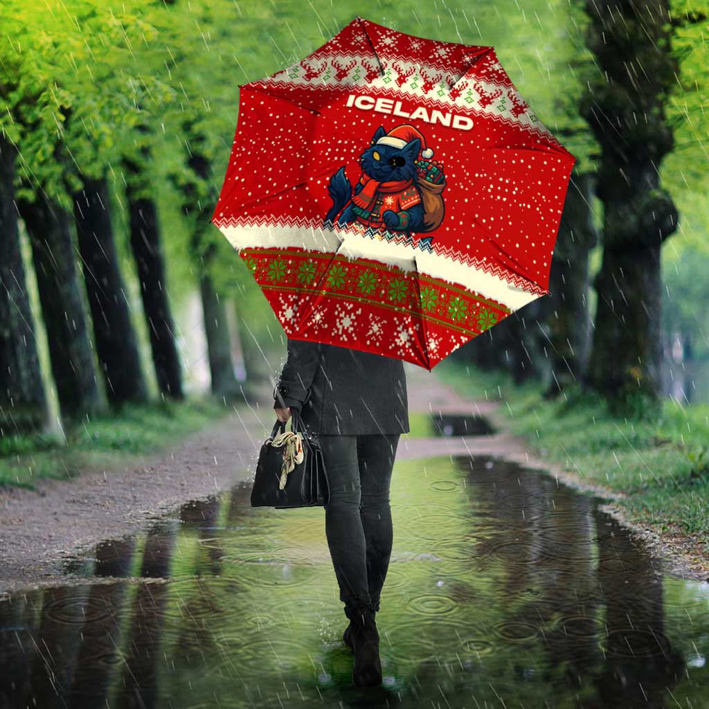 Iceland Christmas Umbrella with Red Snowflake Pattern Yule Cat and National Coat of Arms Motif - Wonder Print Shop