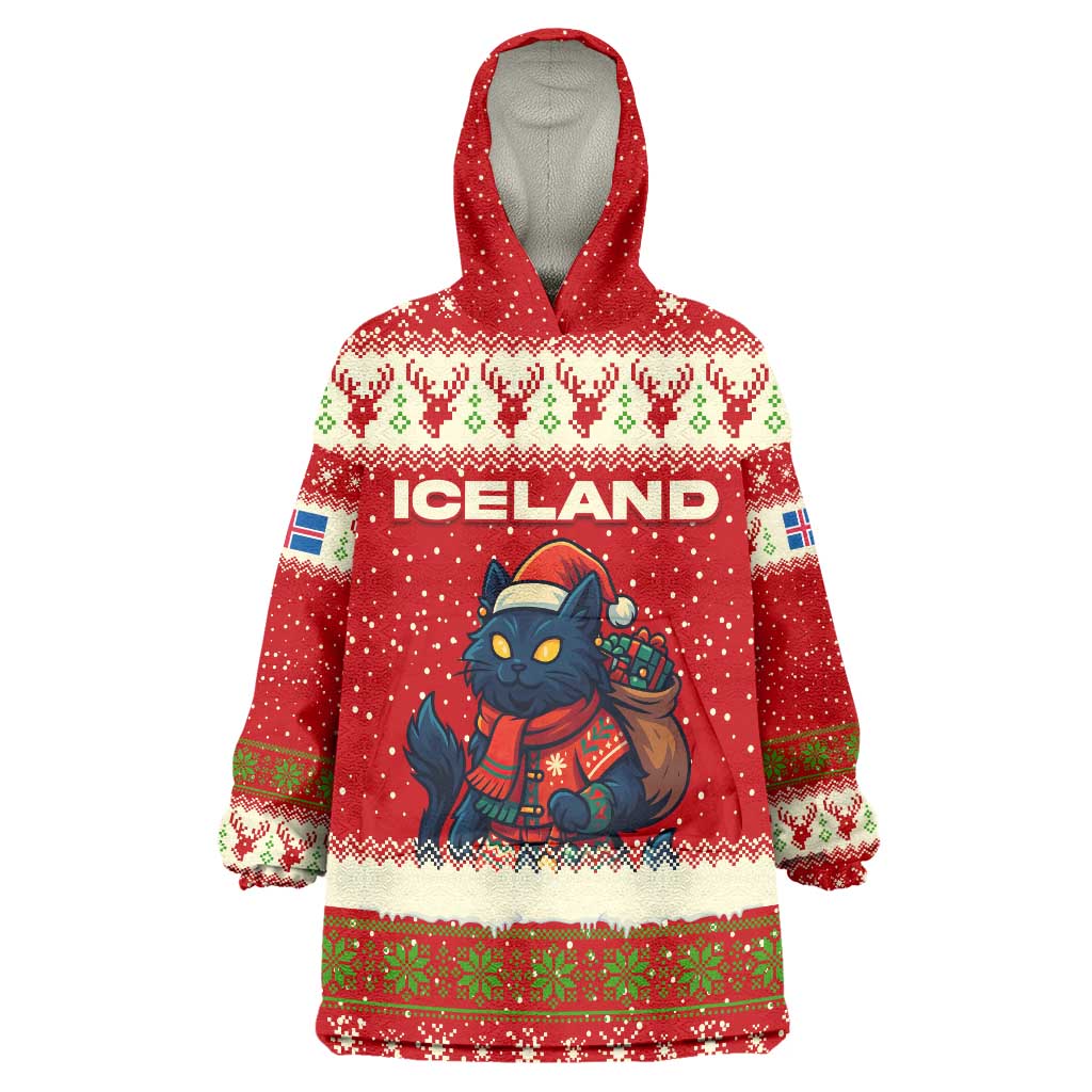 Iceland Christmas Wearable Blanket Hoodie with Red Snowflake Pattern Yule Cat and National Coat of Arms Motif - Wonder Print Shop