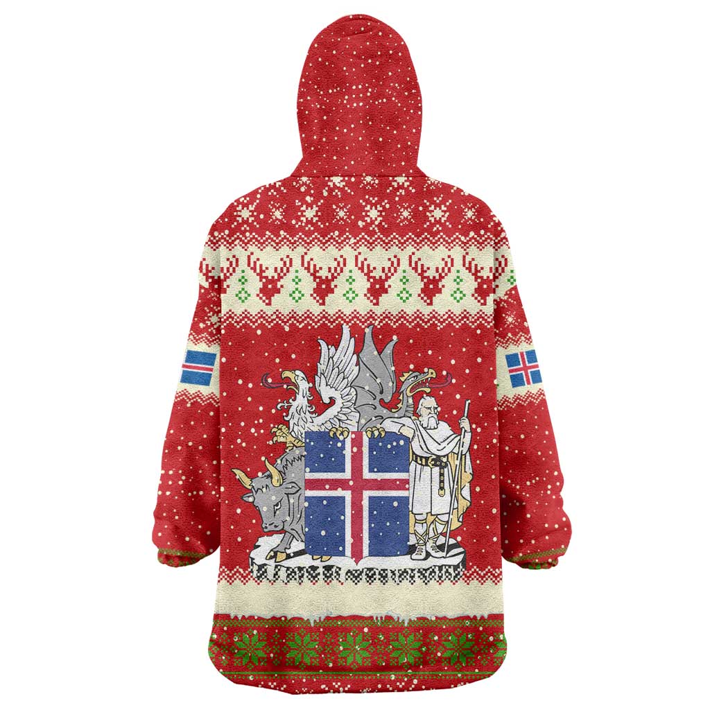 Iceland Christmas Wearable Blanket Hoodie with Red Snowflake Pattern Yule Cat and National Coat of Arms Motif - Wonder Print Shop