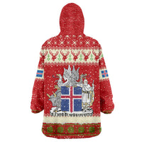 Iceland Christmas Wearable Blanket Hoodie with Red Snowflake Pattern Yule Cat and National Coat of Arms Motif - Wonder Print Shop