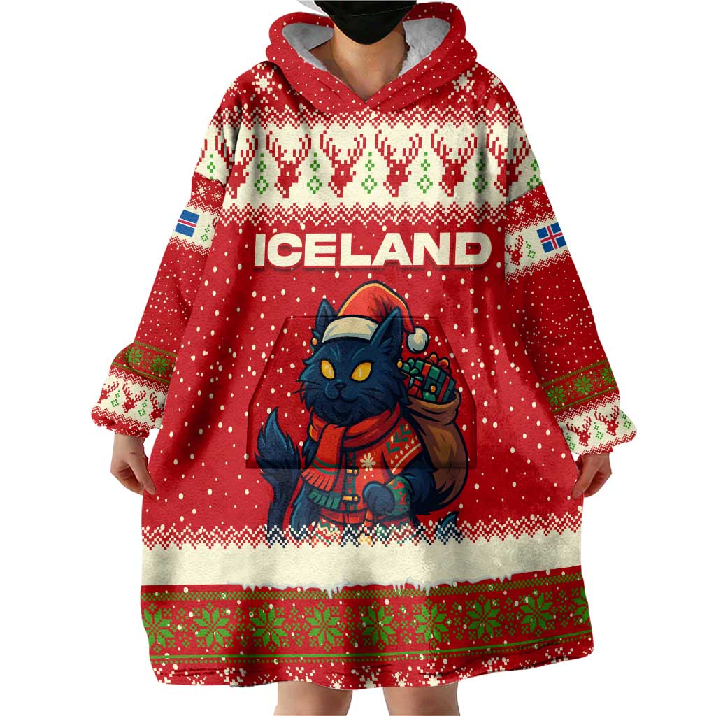 Iceland Christmas Wearable Blanket Hoodie with Red Snowflake Pattern Yule Cat and National Coat of Arms Motif - Wonder Print Shop
