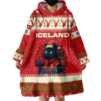 Iceland Christmas Wearable Blanket Hoodie with Red Snowflake Pattern Yule Cat and National Coat of Arms Motif - Wonder Print Shop
