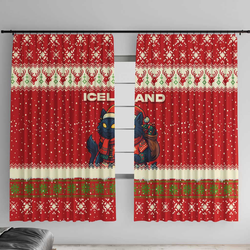 Iceland Christmas Window Curtain with Red Snowflake Pattern Yule Cat and National Coat of Arms Motif - Wonder Print Shop