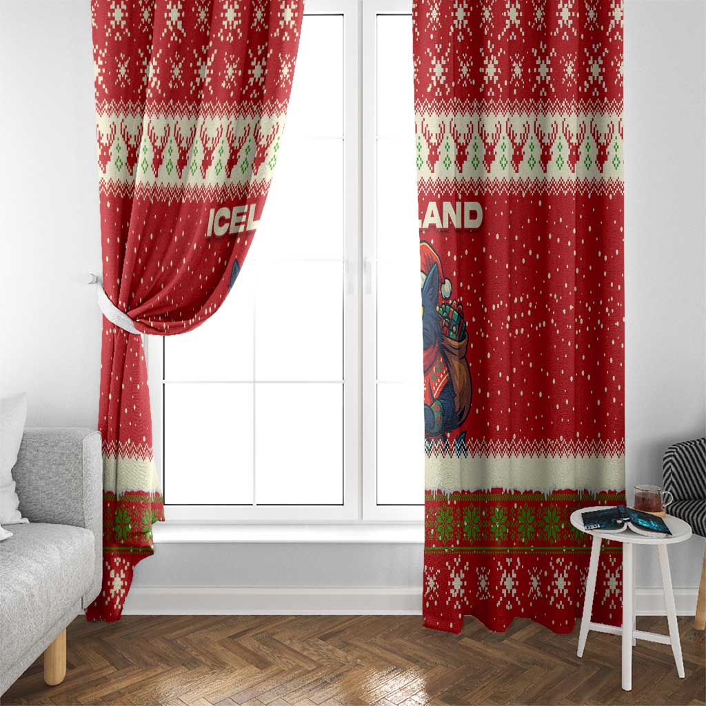 Iceland Christmas Window Curtain with Red Snowflake Pattern Yule Cat and National Coat of Arms Motif - Wonder Print Shop