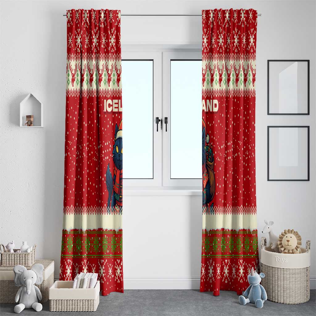Iceland Christmas Window Curtain with Red Snowflake Pattern Yule Cat and National Coat of Arms Motif - Wonder Print Shop