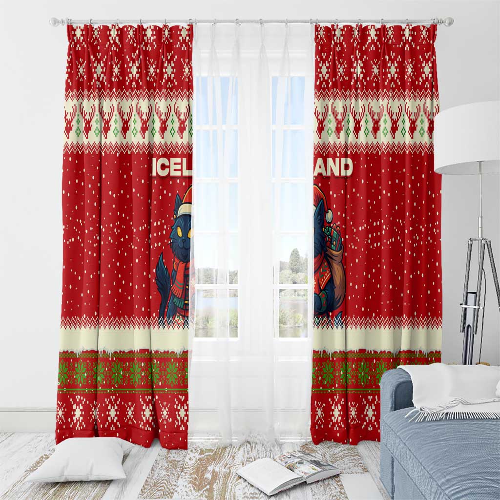 Iceland Christmas Window Curtain with Red Snowflake Pattern Yule Cat and National Coat of Arms Motif - Wonder Print Shop