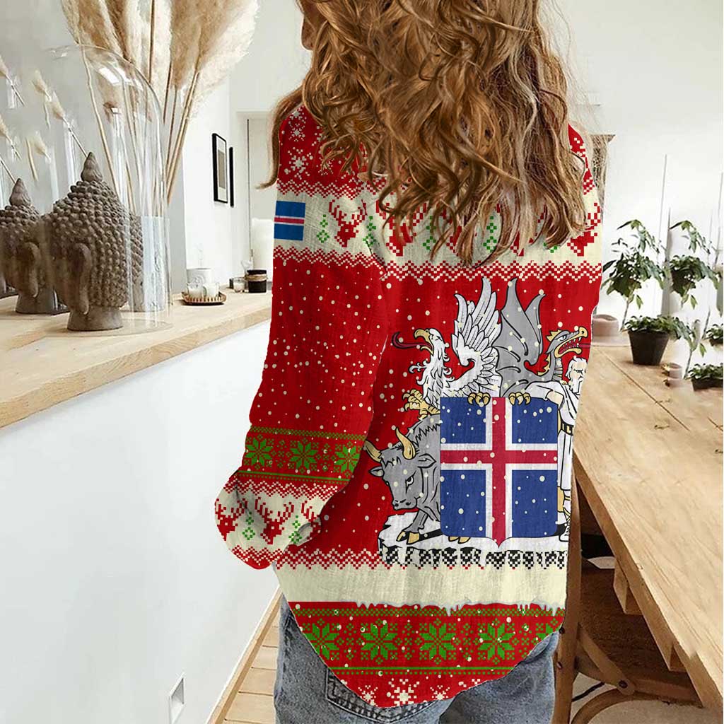 Iceland Christmas Women Casual Shirt with Red Snowflake Pattern Yule Cat and National Coat of Arms Motif - Wonder Print Shop