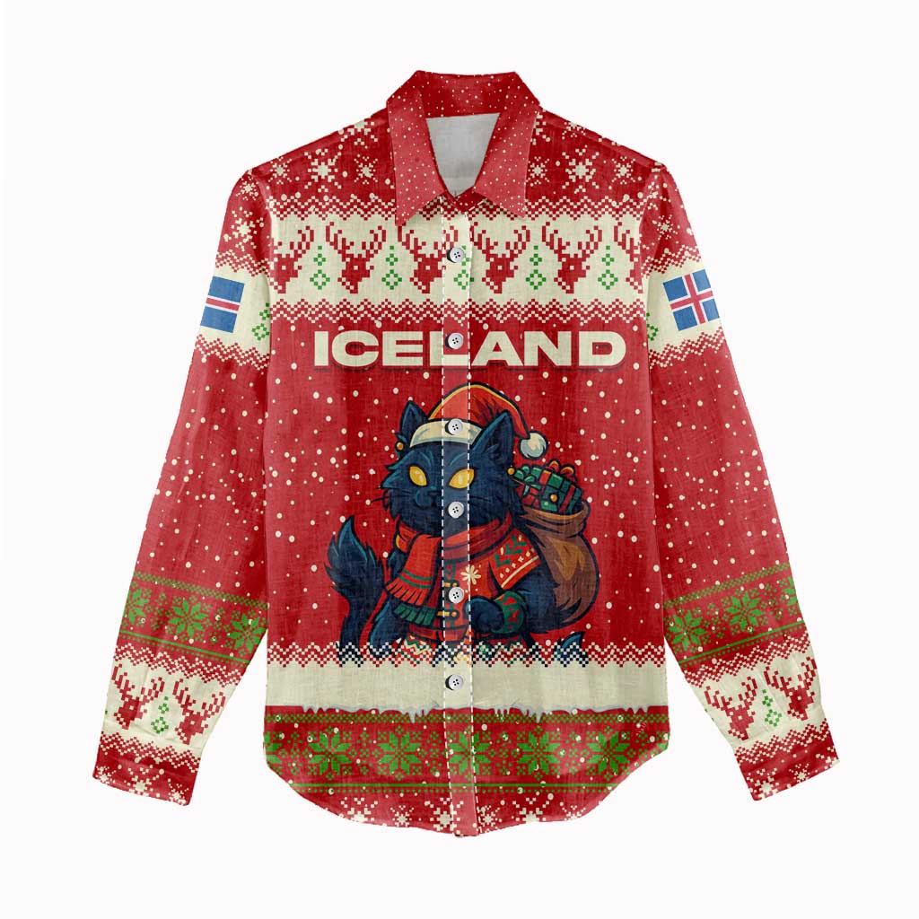 Iceland Christmas Women Casual Shirt with Red Snowflake Pattern Yule Cat and National Coat of Arms Motif - Wonder Print Shop