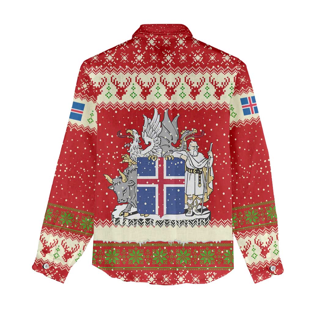 Iceland Christmas Women Casual Shirt with Red Snowflake Pattern Yule Cat and National Coat of Arms Motif - Wonder Print Shop