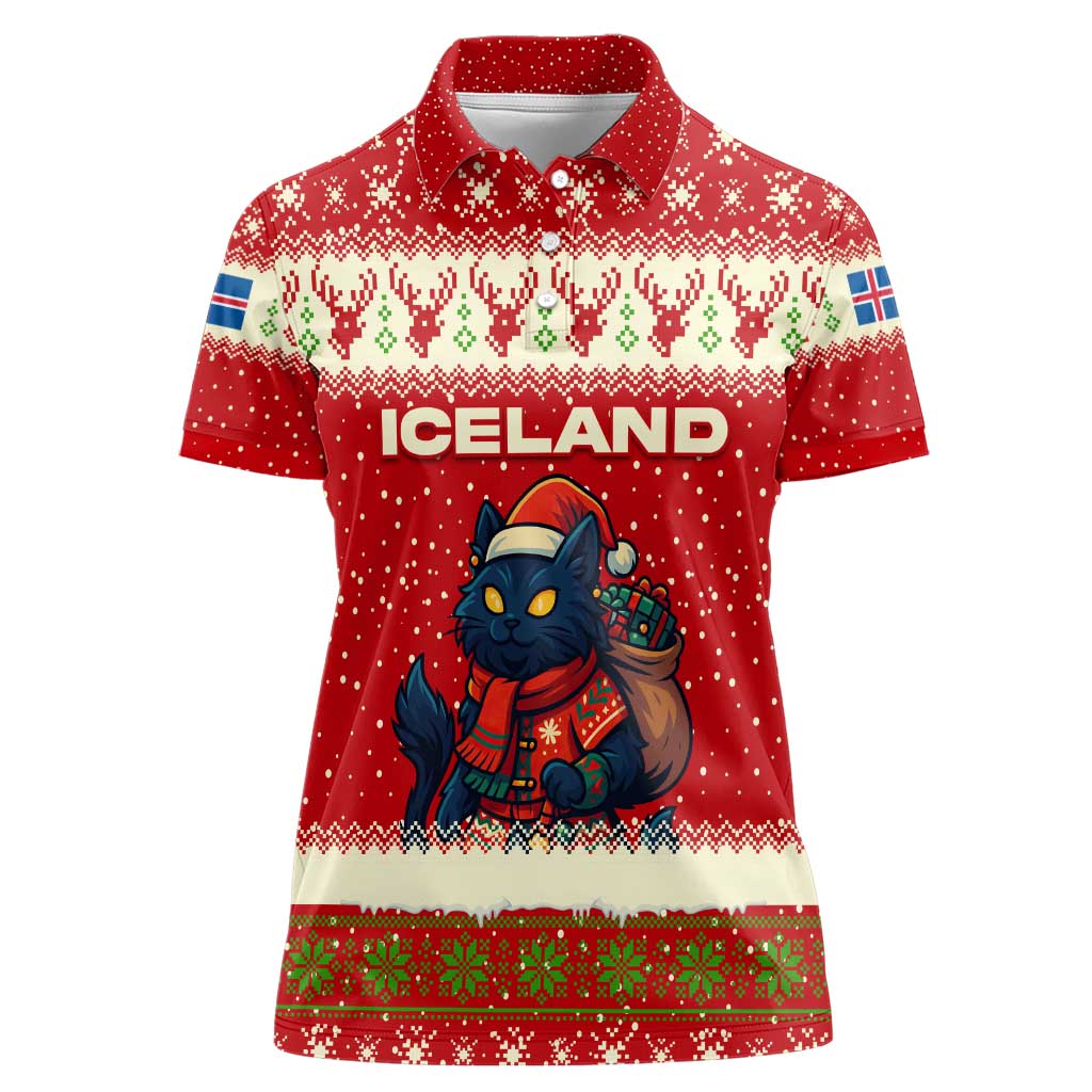 Iceland Christmas Women Polo Shirt with Red Snowflake Pattern Yule Cat and National Coat of Arms Motif - Wonder Print Shop