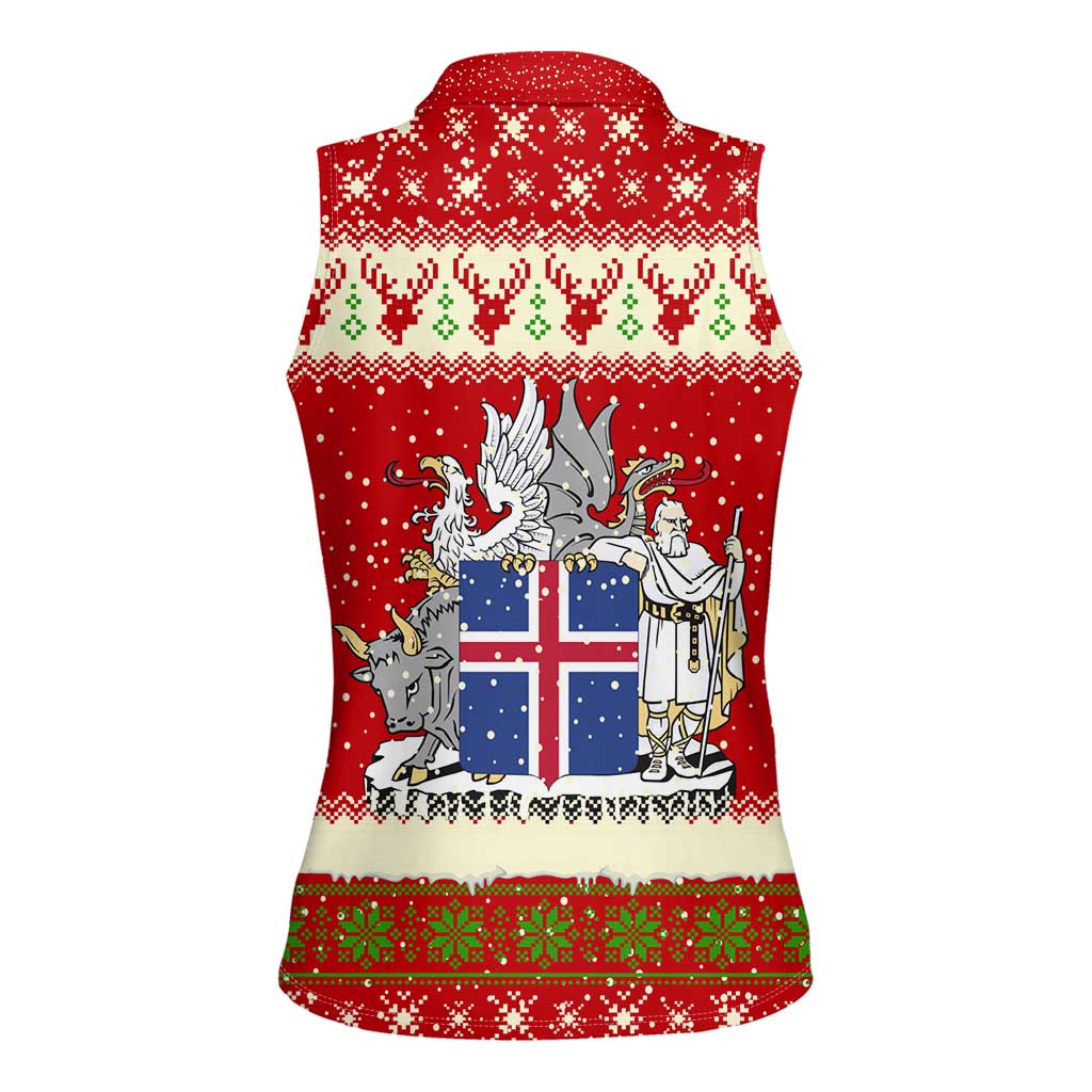 Iceland Christmas Women Sleeveless Polo Shirt with Red Snowflake Pattern Yule Cat and National Coat of Arms Motif - Wonder Print Shop