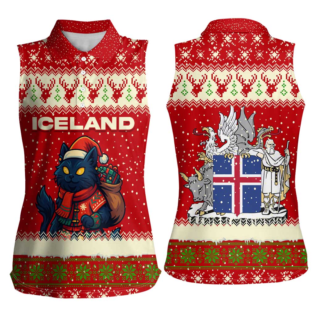 Iceland Christmas Women Sleeveless Polo Shirt with Red Snowflake Pattern Yule Cat and National Coat of Arms Motif - Wonder Print Shop