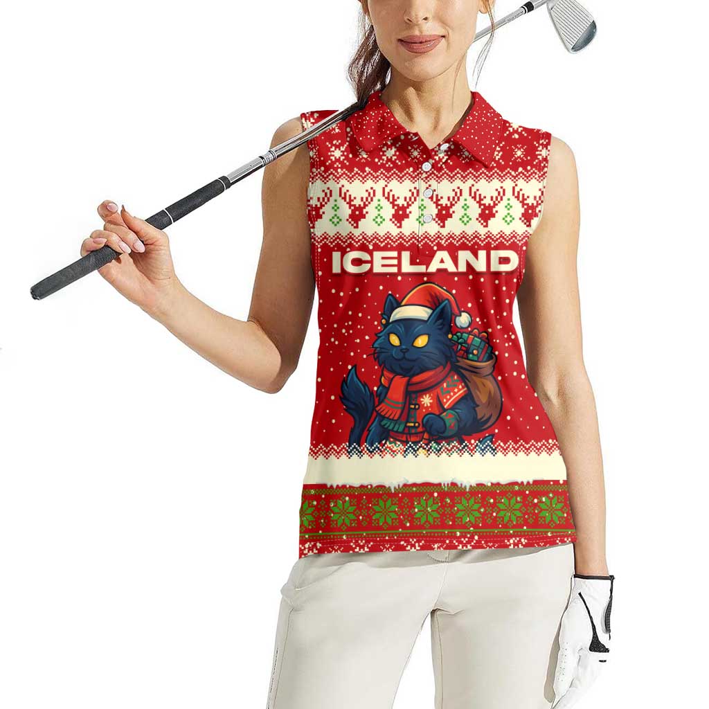 Iceland Christmas Women Sleeveless Polo Shirt with Red Snowflake Pattern Yule Cat and National Coat of Arms Motif - Wonder Print Shop