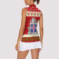 Iceland Christmas Women Sleeveless Polo Shirt with Red Snowflake Pattern Yule Cat and National Coat of Arms Motif - Wonder Print Shop