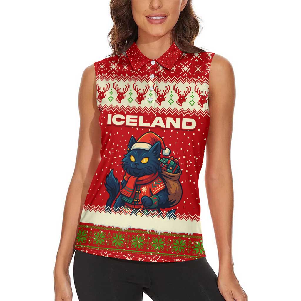 Iceland Christmas Women Sleeveless Polo Shirt with Red Snowflake Pattern Yule Cat and National Coat of Arms Motif - Wonder Print Shop