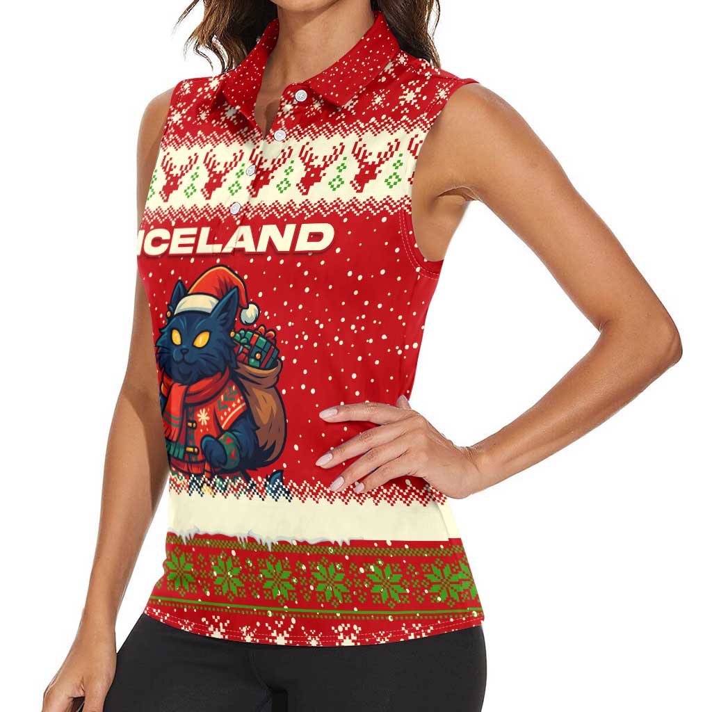 Iceland Christmas Women Sleeveless Polo Shirt with Red Snowflake Pattern Yule Cat and National Coat of Arms Motif - Wonder Print Shop
