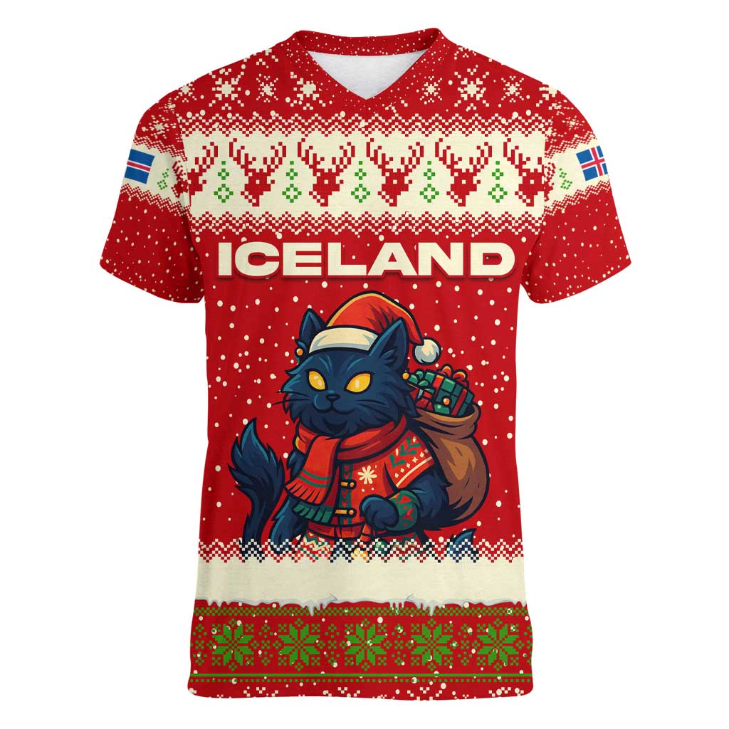 Iceland Christmas Women V-Neck T-Shirt with Red Snowflake Pattern Yule Cat and National Coat of Arms Motif - Wonder Print Shop
