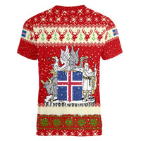Iceland Christmas Women V-Neck T-Shirt with Red Snowflake Pattern Yule Cat and National Coat of Arms Motif - Wonder Print Shop