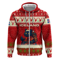 Iceland Christmas Zip Hoodie with Red Snowflake Pattern Yule Cat and National Coat of Arms Motif - Wonder Print Shop