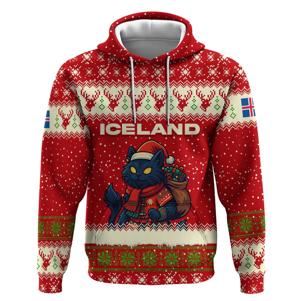 Iceland Christmas Zip Hoodie with Red Snowflake Pattern Yule Cat and National Coat of Arms Motif - Wonder Print Shop