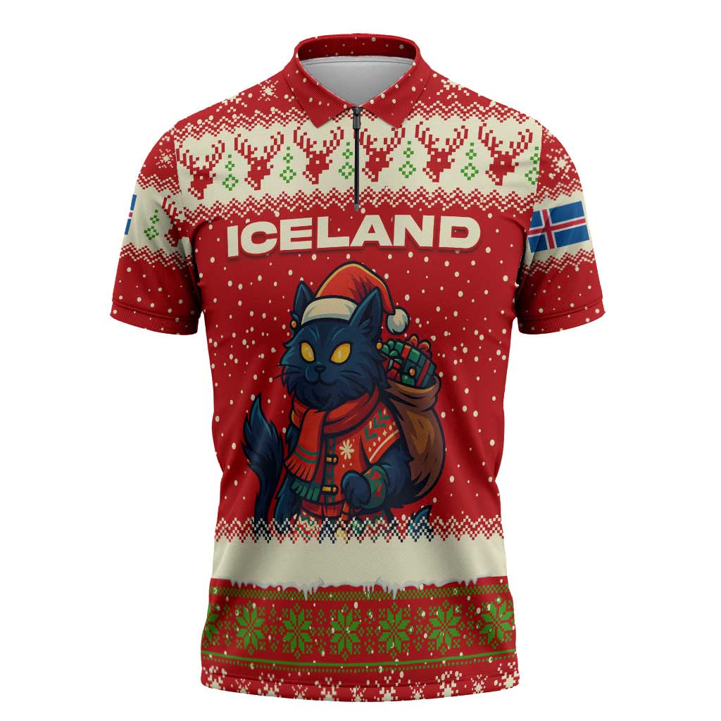 Iceland Christmas Zipper Polo Shirt with Red Snowflake Pattern Yule Cat and National Coat of Arms Motif - Wonder Print Shop