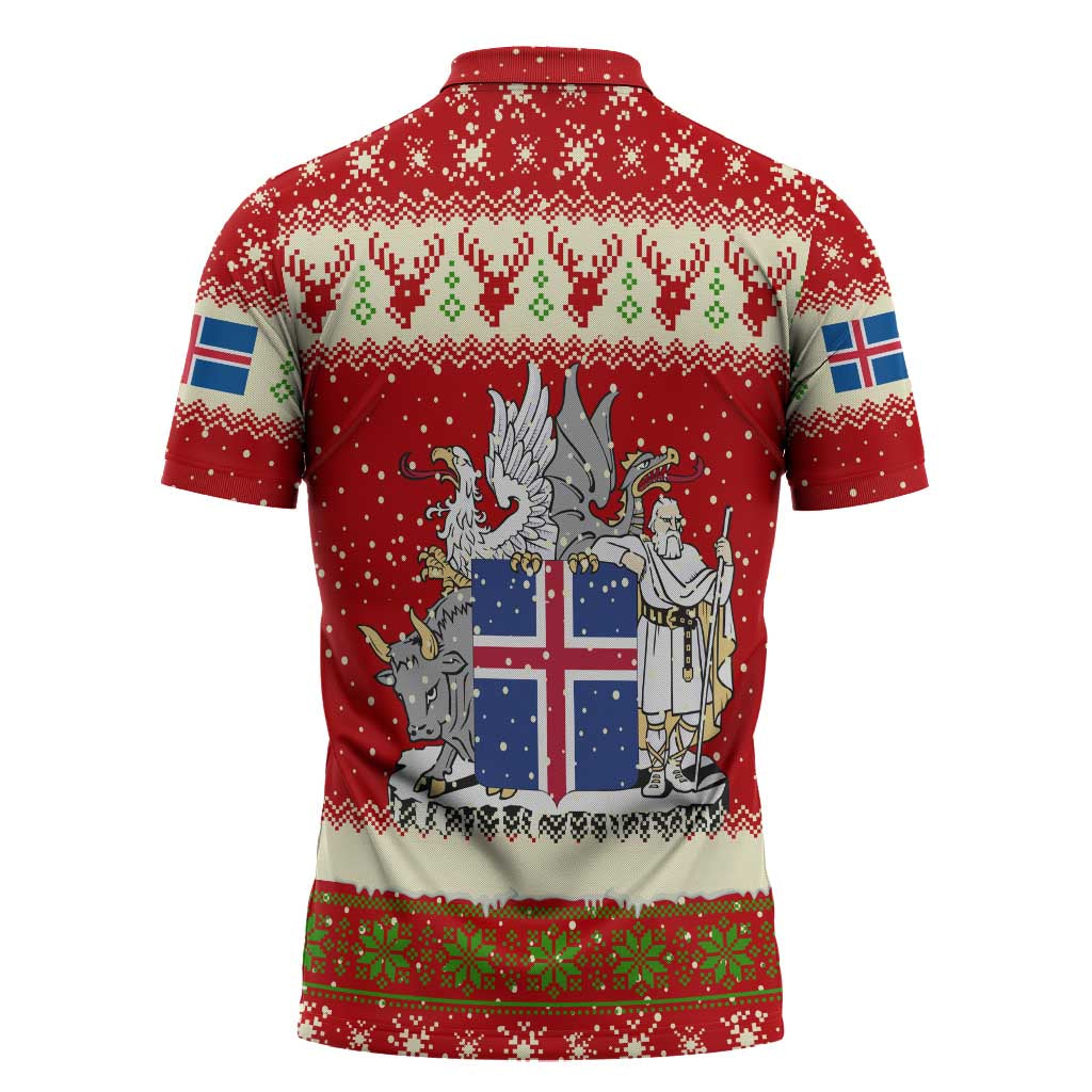 Iceland Christmas Zipper Polo Shirt with Red Snowflake Pattern Yule Cat and National Coat of Arms Motif - Wonder Print Shop