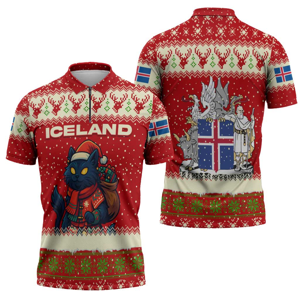 Iceland Christmas Zipper Polo Shirt with Red Snowflake Pattern Yule Cat and National Coat of Arms Motif - Wonder Print Shop