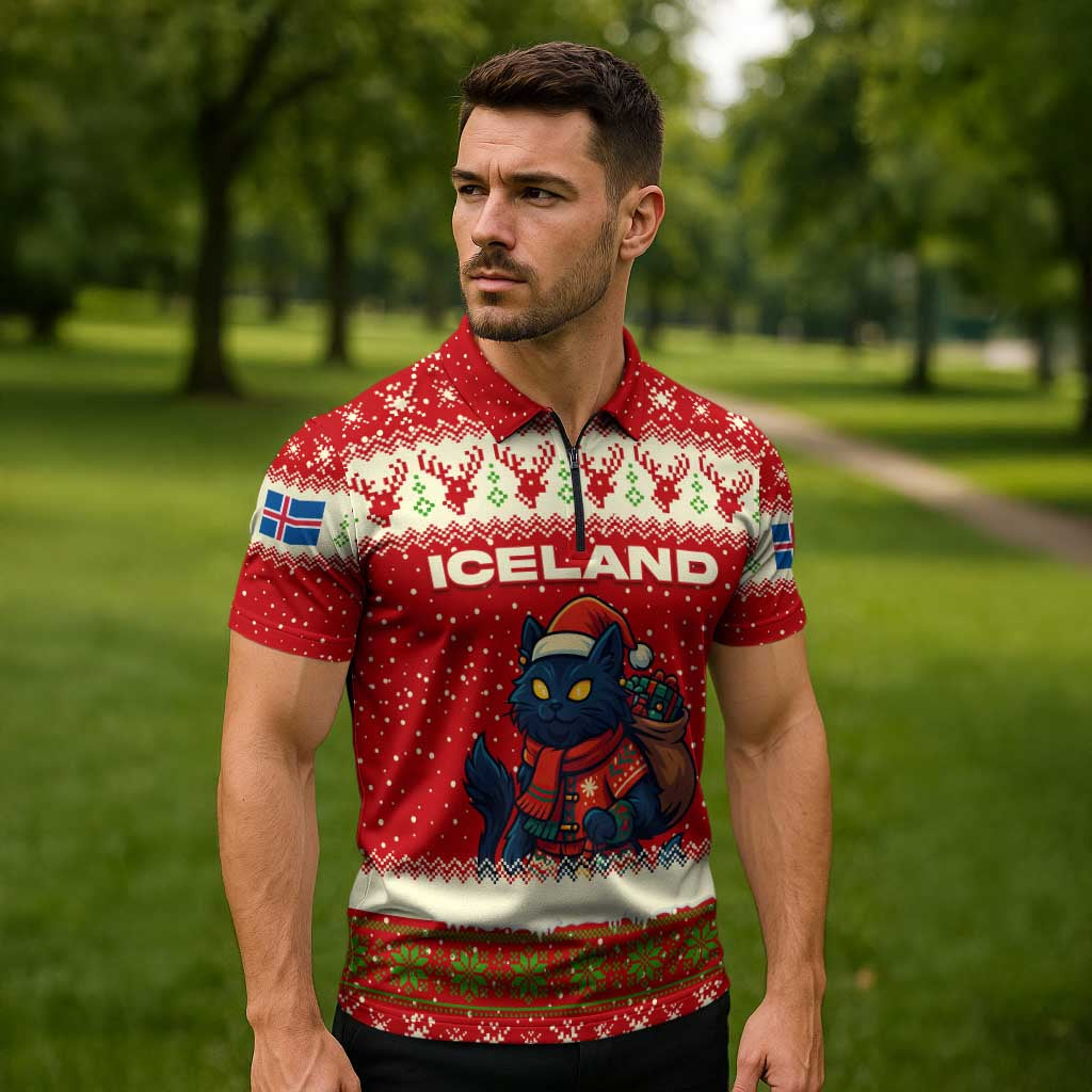 Iceland Christmas Zipper Polo Shirt with Red Snowflake Pattern Yule Cat and National Coat of Arms Motif - Wonder Print Shop