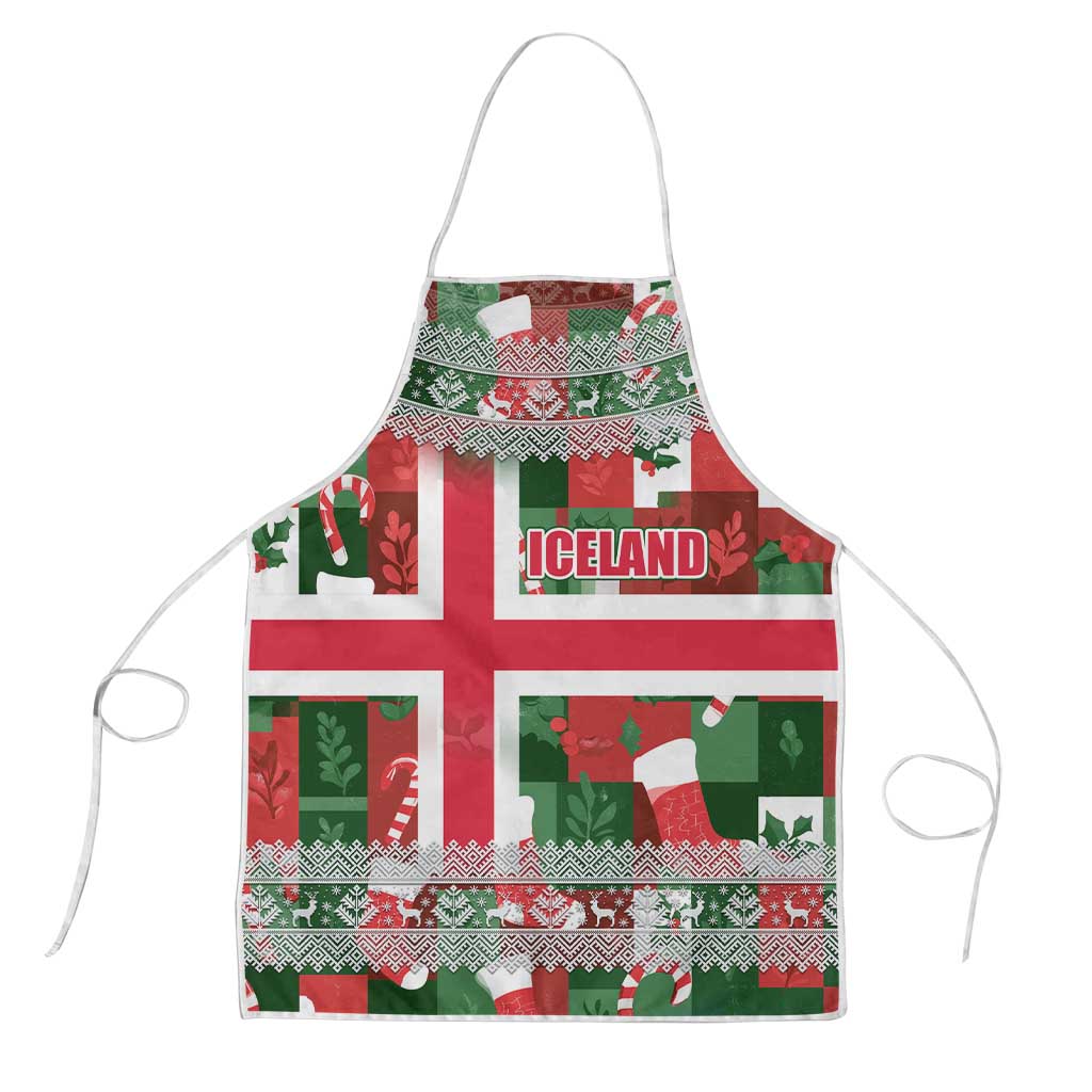 Iceland Christmas Apron with Green & Red Candy Cane Pattern Santa Claus and National Flag Motif - Wonder Print Shop