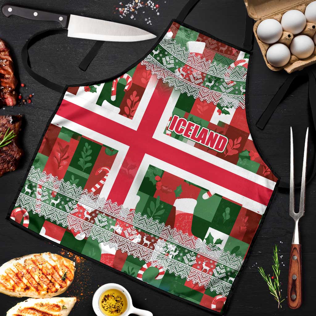 Iceland Christmas Apron with Green & Red Candy Cane Pattern Santa Claus and National Flag Motif - Wonder Print Shop