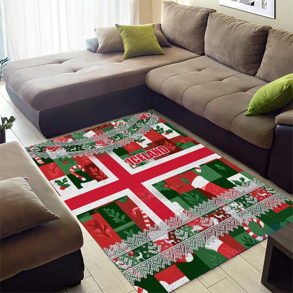 Iceland Christmas Area Rug with Green & Red Candy Cane Pattern Santa Claus and National Flag Motif - Wonder Print Shop