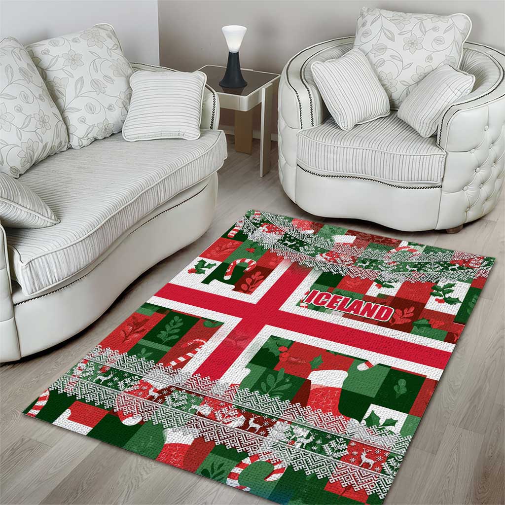 Iceland Christmas Area Rug with Green & Red Candy Cane Pattern Santa Claus and National Flag Motif - Wonder Print Shop