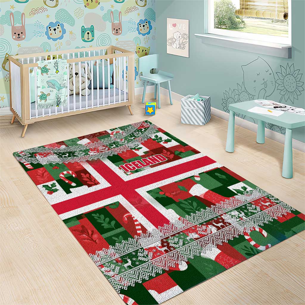 Iceland Christmas Area Rug with Green & Red Candy Cane Pattern Santa Claus and National Flag Motif - Wonder Print Shop