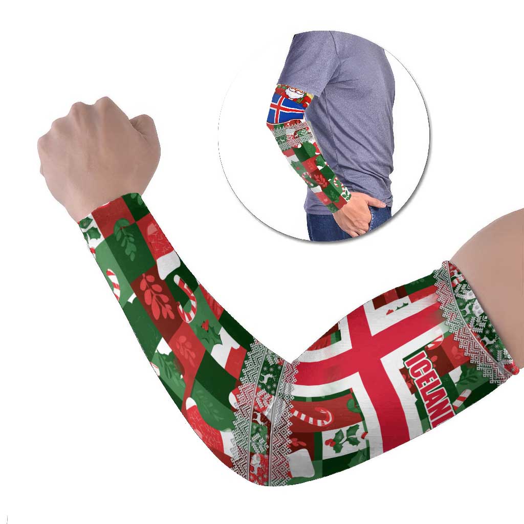 Iceland Christmas Arm Sleeves with Green & Red Candy Cane Pattern Santa Claus and National Flag Motif - Wonder Print Shop