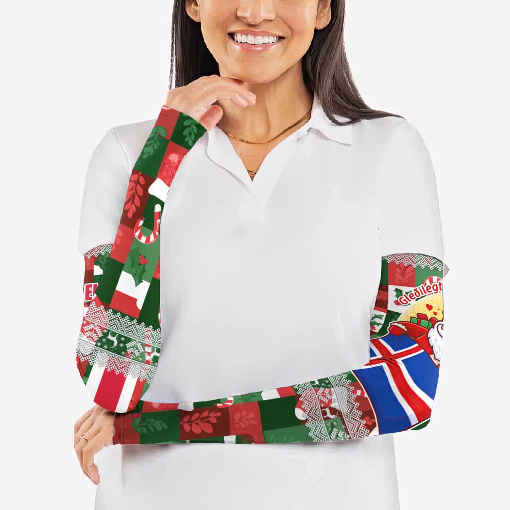 Iceland Christmas Arm Sleeves with Green & Red Candy Cane Pattern Santa Claus and National Flag Motif - Wonder Print Shop