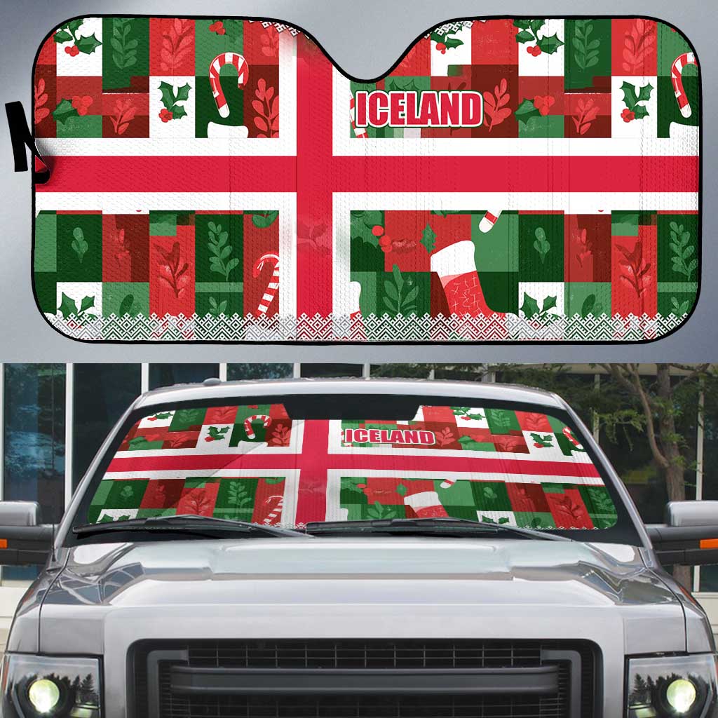Iceland Christmas Auto Sun Shade with Green & Red Candy Cane Pattern Santa Claus and National Flag Motif - Wonder Print Shop