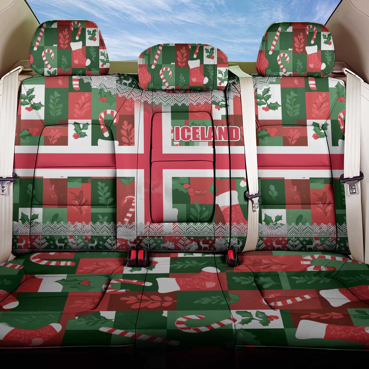 Iceland Christmas Back Car Seat Cover with Green & Red Candy Cane Pattern Santa Claus and National Flag Motif - Wonder Print Shop