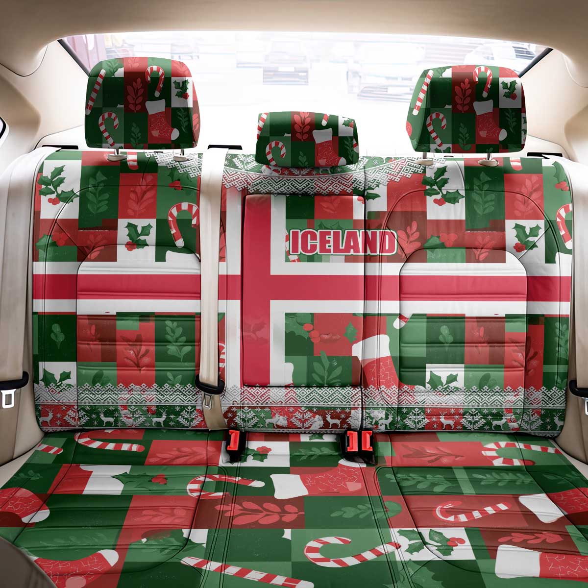 Iceland Christmas Back Car Seat Cover with Green & Red Candy Cane Pattern Santa Claus and National Flag Motif - Wonder Print Shop