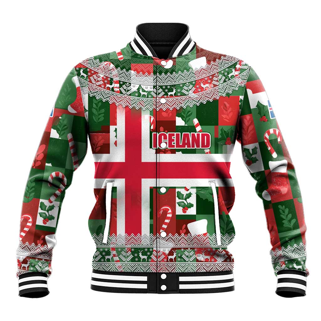 Iceland Christmas Baseball Jacket with Green & Red Candy Cane Pattern Santa Claus and National Flag Motif - Wonder Print Shop
