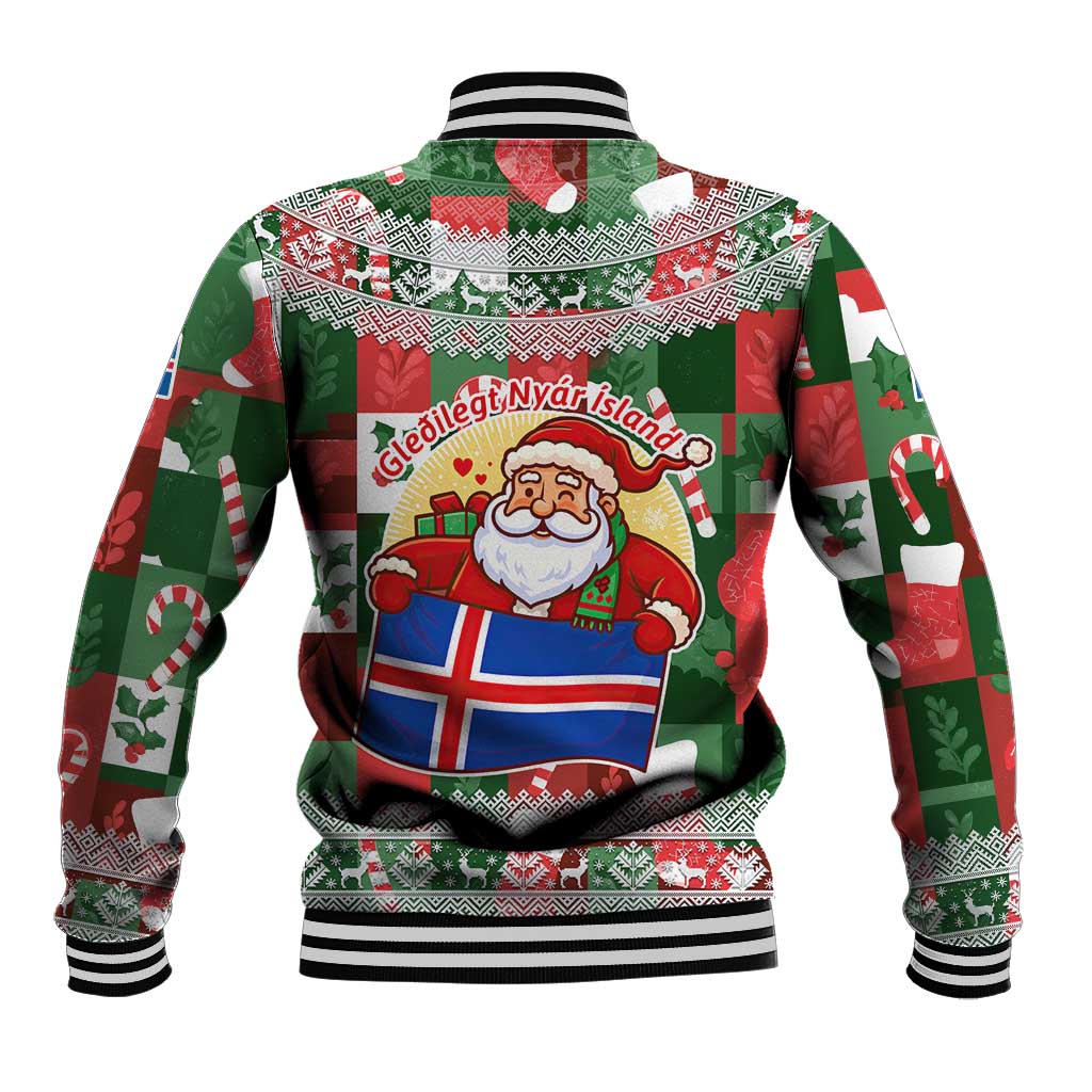 Iceland Christmas Baseball Jacket with Green & Red Candy Cane Pattern Santa Claus and National Flag Motif - Wonder Print Shop