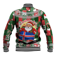 Iceland Christmas Baseball Jacket with Green & Red Candy Cane Pattern Santa Claus and National Flag Motif - Wonder Print Shop