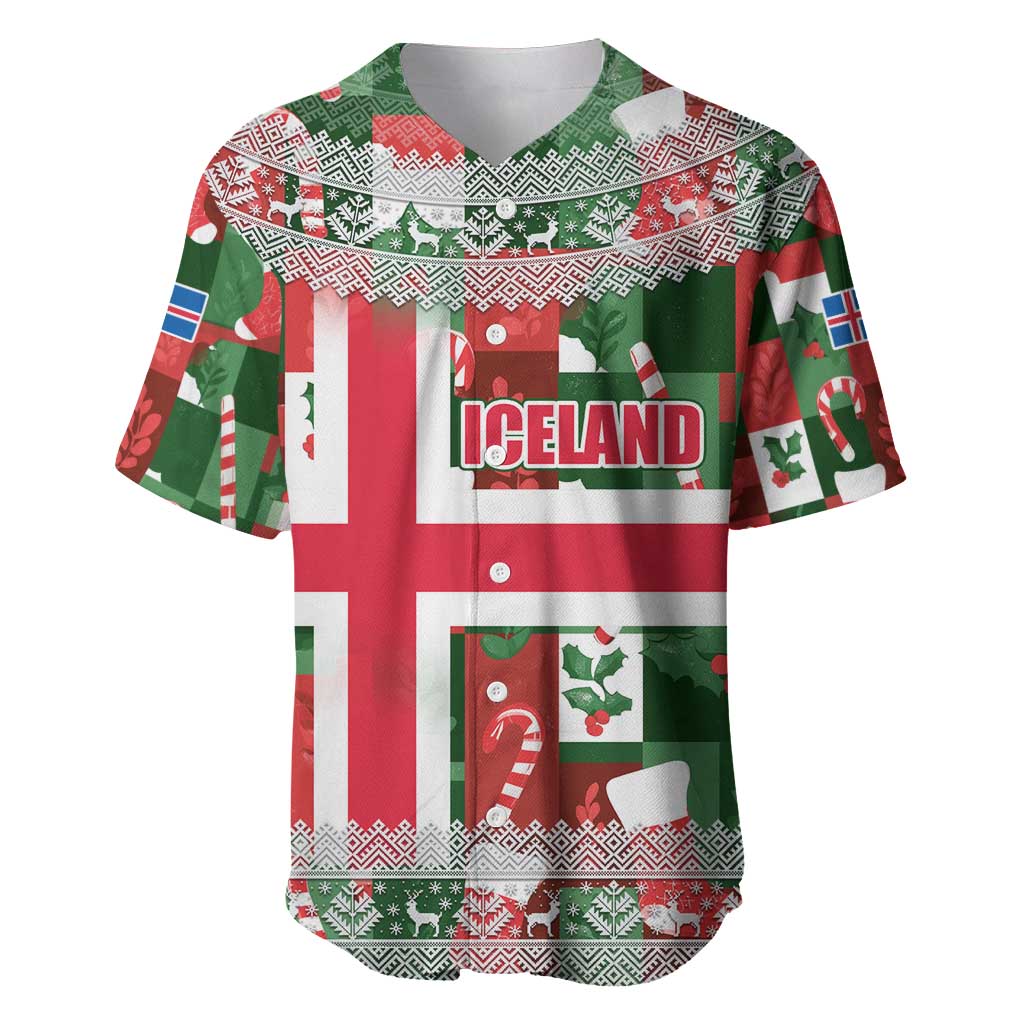 Iceland Christmas Baseball Jersey with Green & Red Candy Cane Pattern Santa Claus and National Flag Motif - Wonder Print Shop