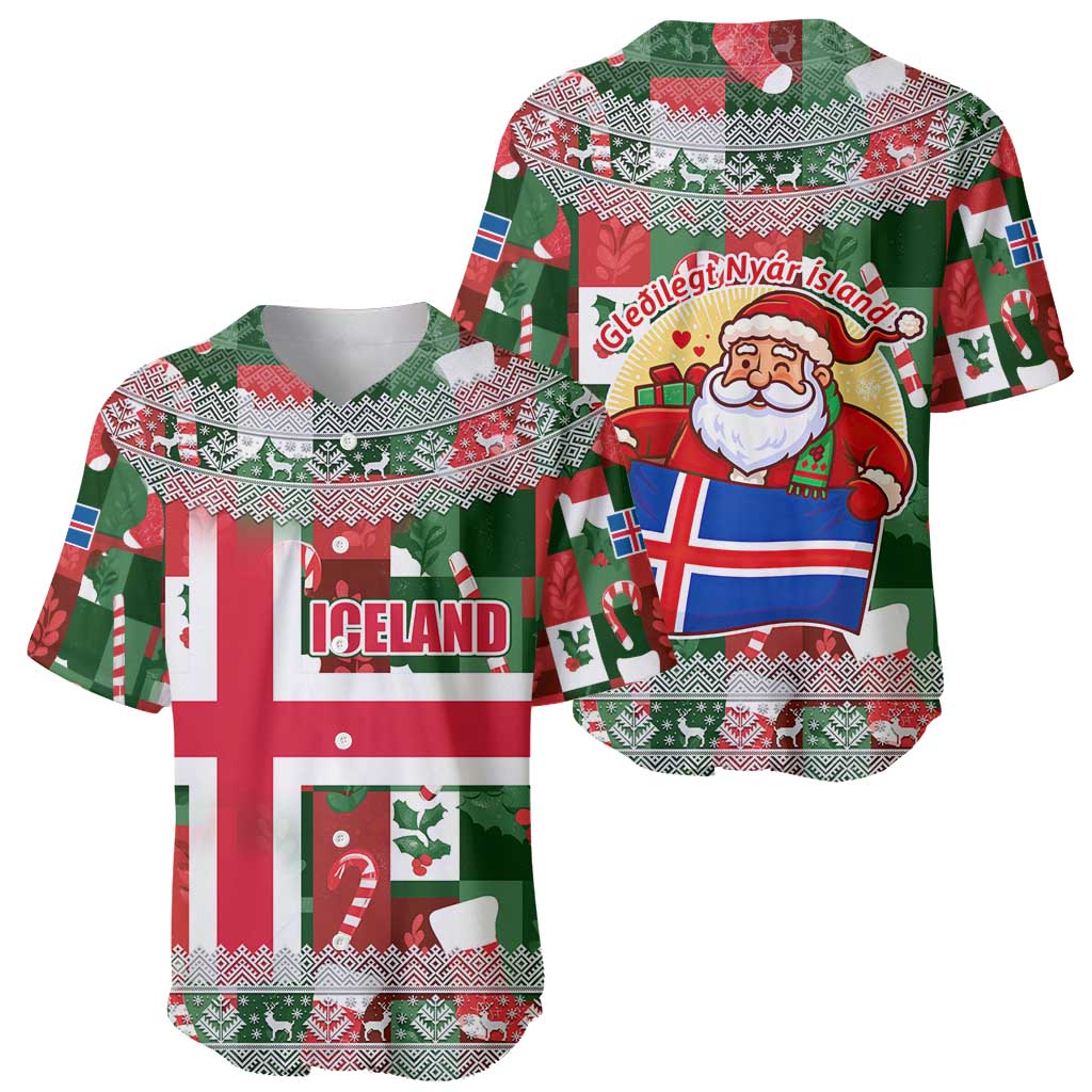 Iceland Christmas Baseball Jersey with Green & Red Candy Cane Pattern Santa Claus and National Flag Motif - Wonder Print Shop