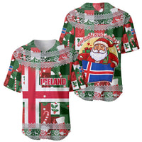 Iceland Christmas Baseball Jersey with Green & Red Candy Cane Pattern Santa Claus and National Flag Motif - Wonder Print Shop