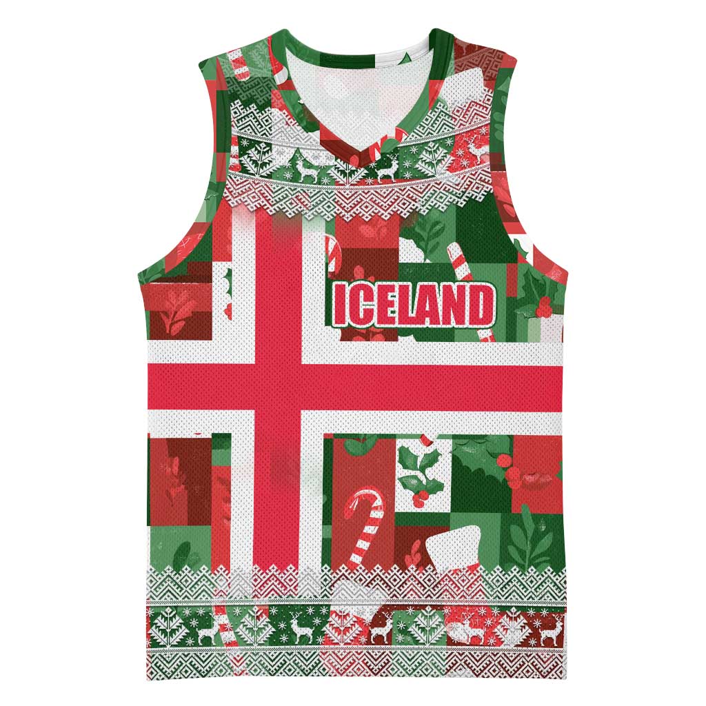 Iceland Christmas Basketball Jersey with Green & Red Candy Cane Pattern Santa Claus and National Flag Motif - Wonder Print Shop